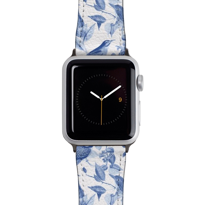 Watch 38mm / 40mm Strap PU leather Birds and leaves chinoiserie - blue porcelain nature pattern by Oana 