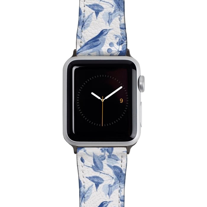 Watch 42mm / 44mm Strap PU leather Birds and leaves chinoiserie - blue porcelain nature pattern by Oana 