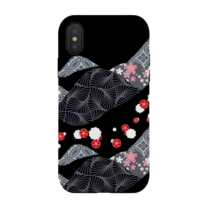 iPhone Xs / X StrongFit Japanese mountains and cherry blossoms - kimono pattern by Oana 
