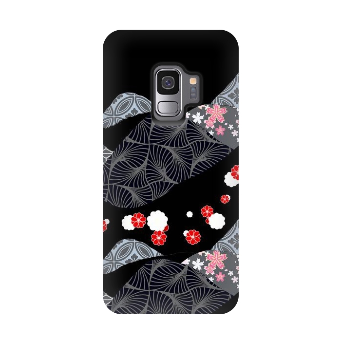 Galaxy S9 StrongFit Japanese mountains and cherry blossoms - kimono pattern by Oana 