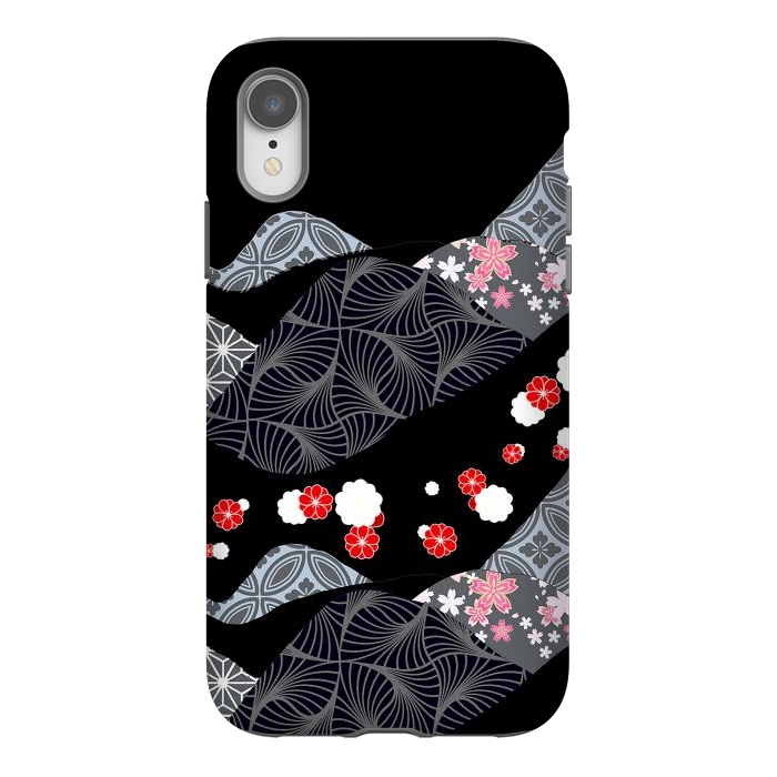 iPhone Xr StrongFit Japanese mountains and cherry blossoms - kimono pattern by Oana 