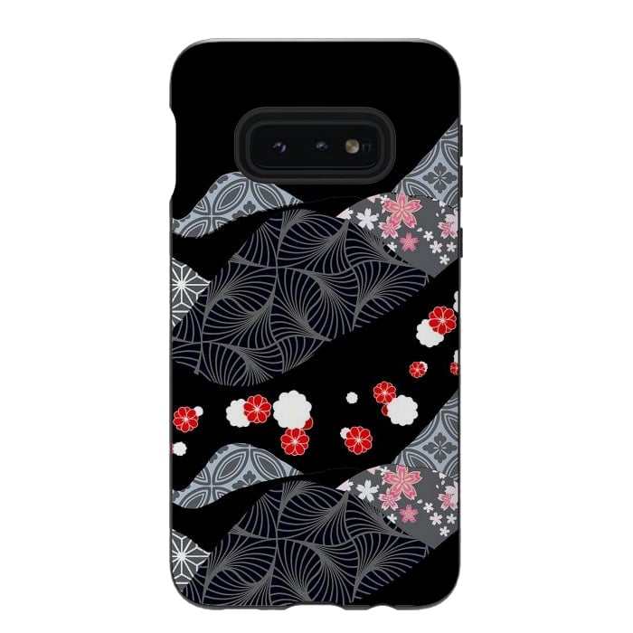 Galaxy S10e StrongFit Japanese mountains and cherry blossoms - kimono pattern by Oana 