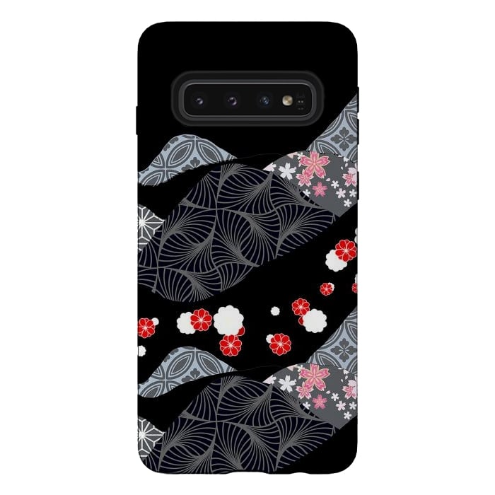 Galaxy S10 StrongFit Japanese mountains and cherry blossoms - kimono pattern by Oana 