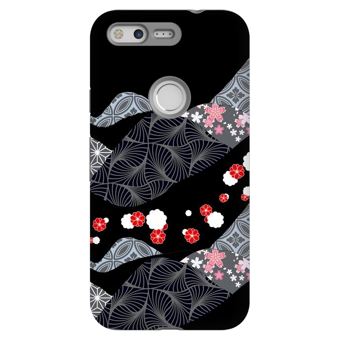 Pixel StrongFit Japanese mountains and cherry blossoms - kimono pattern by Oana 