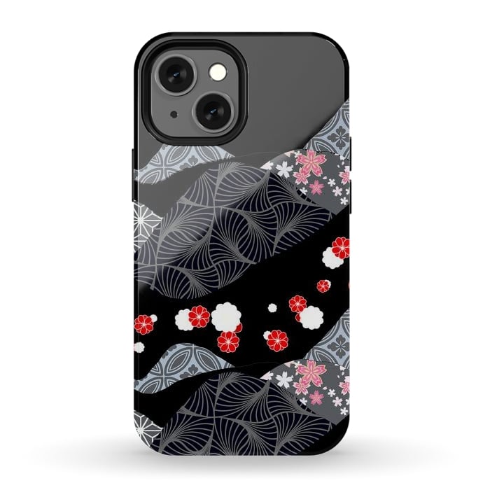 iPhone 12 mini StrongFit Japanese mountains and cherry blossoms - kimono pattern by Oana 