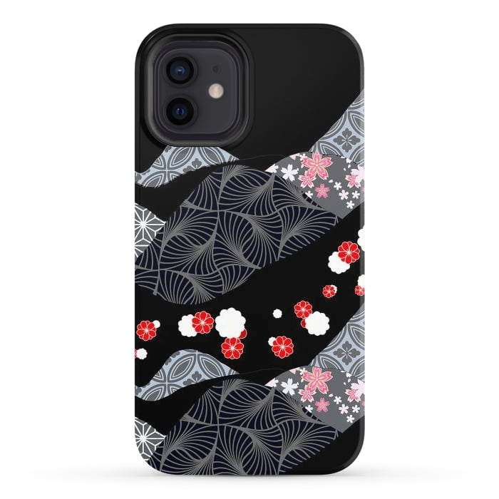 iPhone 12 StrongFit Japanese mountains and cherry blossoms - kimono pattern by Oana 