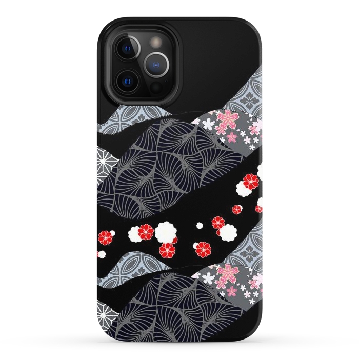 iPhone 12 Pro StrongFit Japanese mountains and cherry blossoms - kimono pattern by Oana 