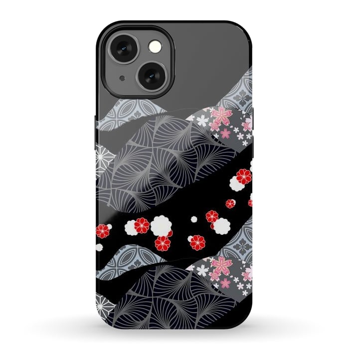 iPhone 13 StrongFit Japanese mountains and cherry blossoms - kimono pattern by Oana 