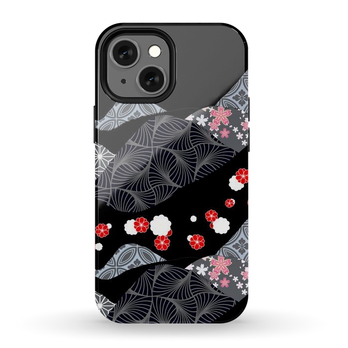 iPhone 13 mini StrongFit Japanese mountains and cherry blossoms - kimono pattern by Oana 