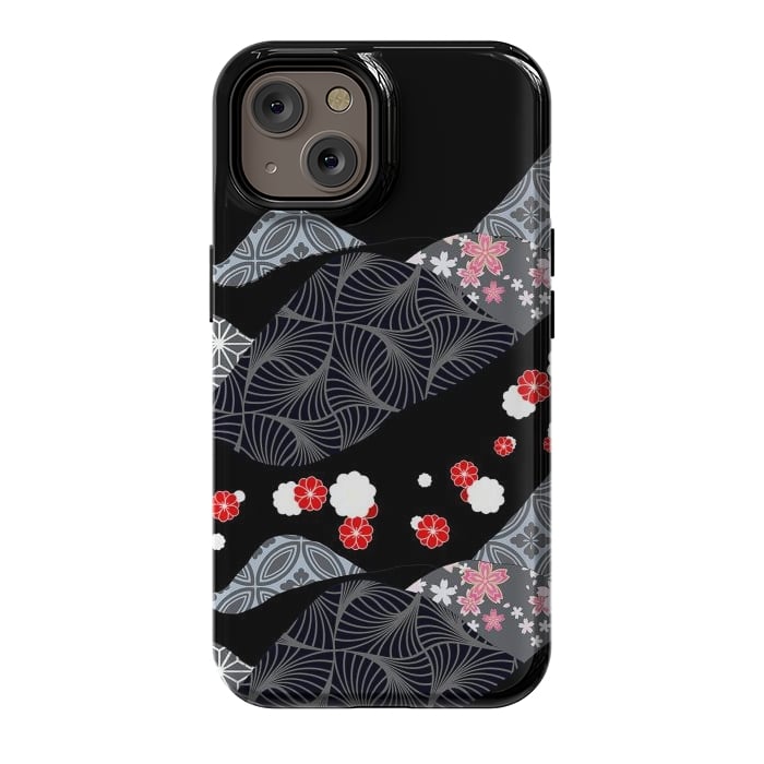 iPhone 14 StrongFit Japanese mountains and cherry blossoms - kimono pattern by Oana 