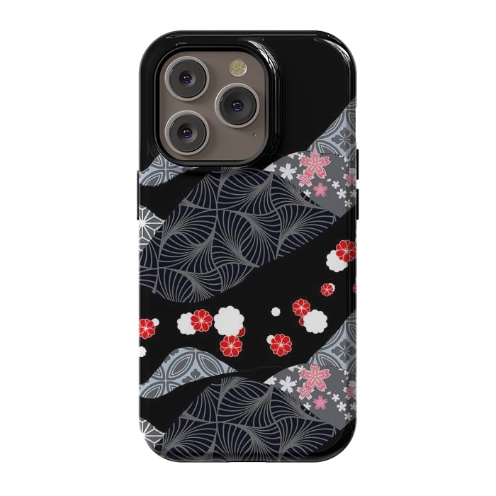 iPhone 14 Pro StrongFit Japanese mountains and cherry blossoms - kimono pattern by Oana 