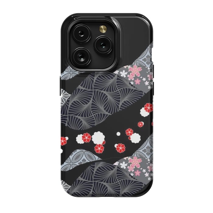 iPhone 15 Pro StrongFit Japanese mountains and cherry blossoms - kimono pattern by Oana 