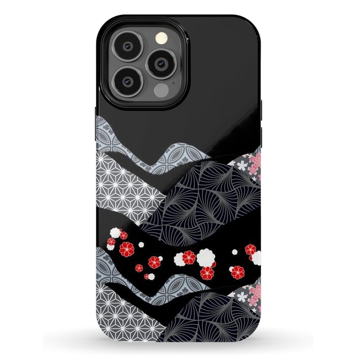 iPhone 13 Pro Max StrongFit Japanese mountains and cherry blossoms - kimono pattern by Oana 