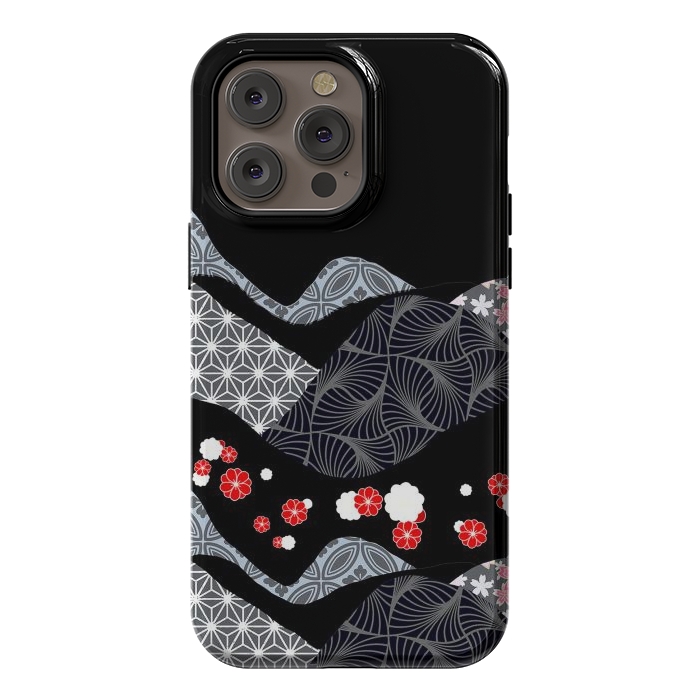 iPhone 14 Pro max StrongFit Japanese mountains and cherry blossoms - kimono pattern by Oana 