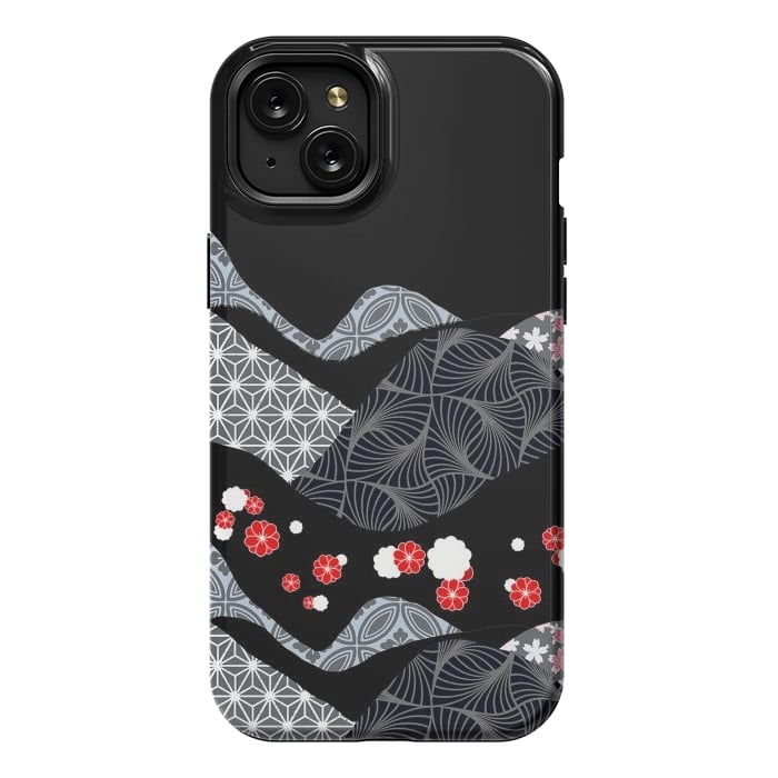 iPhone 15 Plus StrongFit Japanese mountains and cherry blossoms - kimono pattern by Oana 