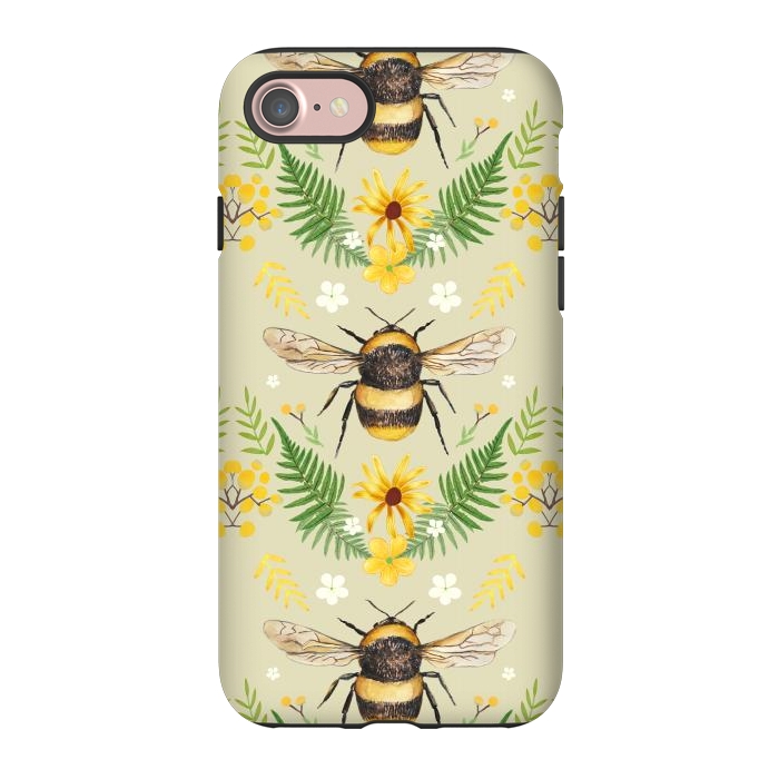 iPhone 7 StrongFit Bees and flowers - cottagecore bumble bee pattern - ferns, wild flowers by Oana 