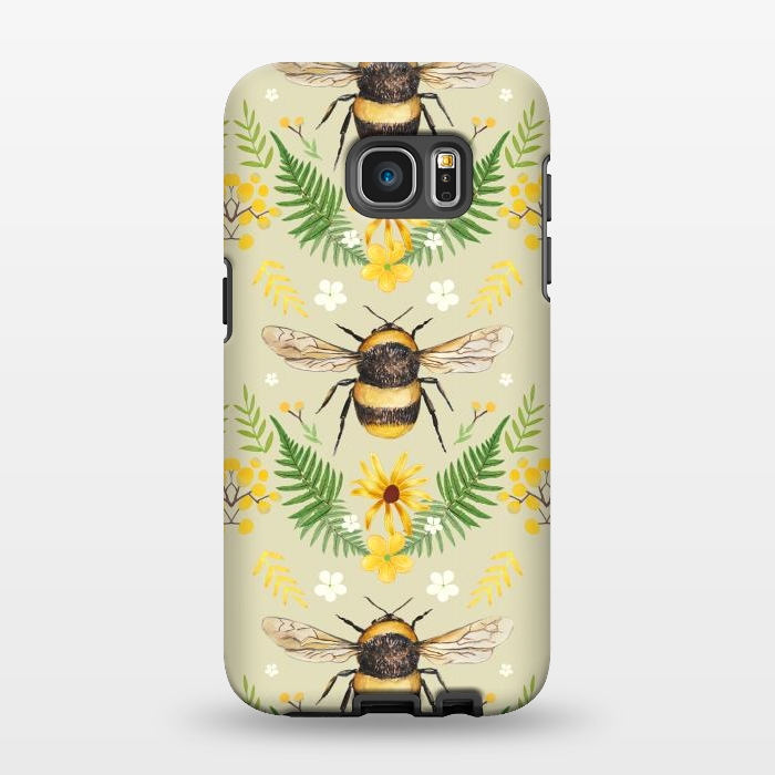 Galaxy S7 EDGE StrongFit Bees and flowers - cottagecore bumble bee pattern - ferns, wild flowers by Oana 