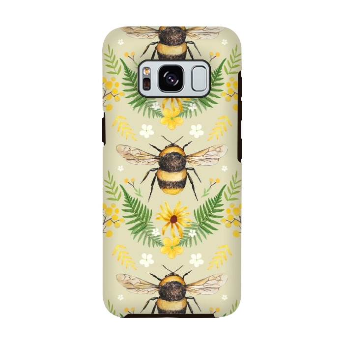Galaxy S8 StrongFit Bees and flowers - cottagecore bumble bee pattern - ferns, wild flowers by Oana 