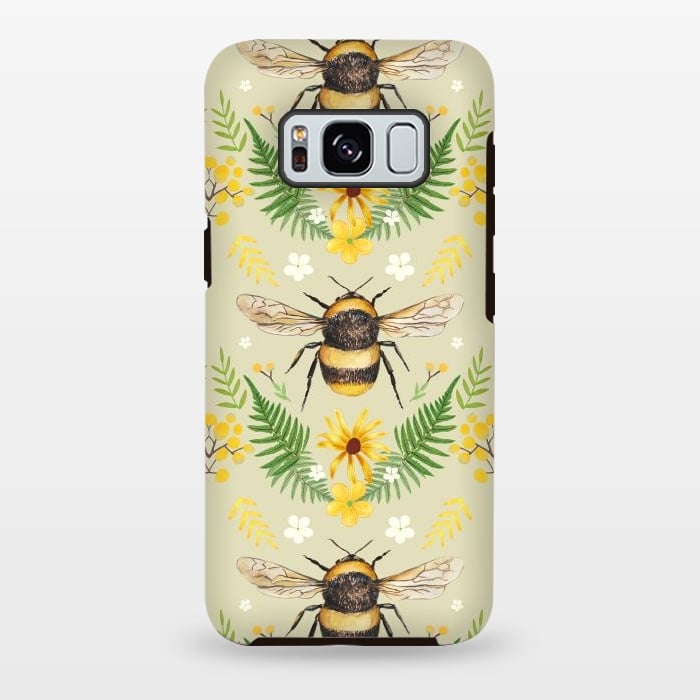 Galaxy S8 plus StrongFit Bees and flowers - cottagecore bumble bee pattern - ferns, wild flowers by Oana 