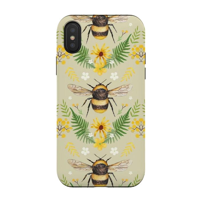 iPhone Xs / X StrongFit Bees and flowers - cottagecore bumble bee pattern - ferns, wild flowers by Oana 