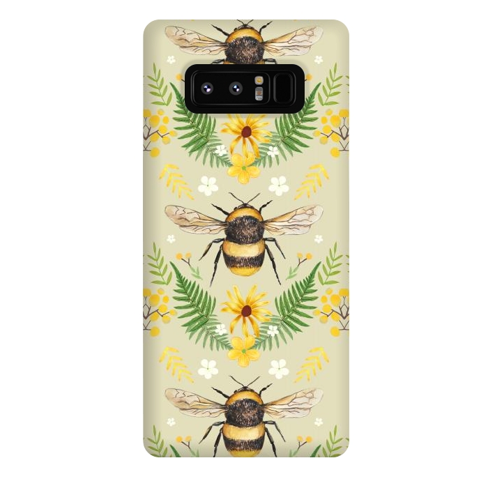 Galaxy Note 8 StrongFit Bees and flowers - cottagecore bumble bee pattern - ferns, wild flowers by Oana 