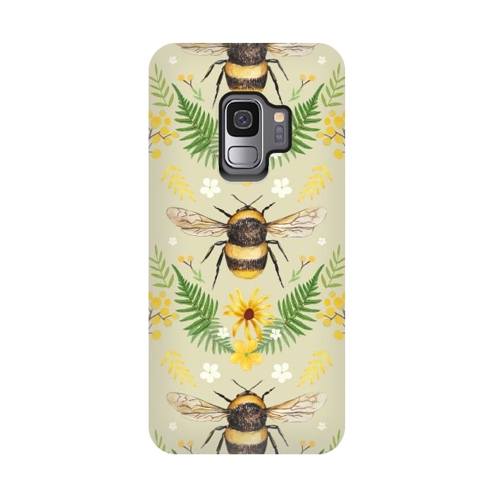Galaxy S9 StrongFit Bees and flowers - cottagecore bumble bee pattern - ferns, wild flowers by Oana 