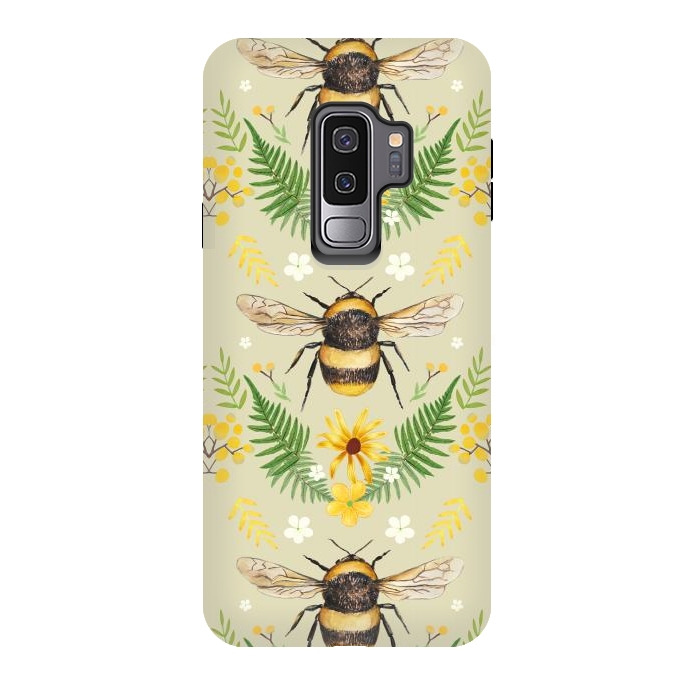 Galaxy S9 plus StrongFit Bees and flowers - cottagecore bumble bee pattern - ferns, wild flowers by Oana 