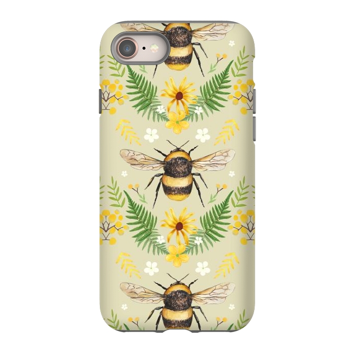 iPhone 8 StrongFit Bees and flowers - cottagecore bumble bee pattern - ferns, wild flowers by Oana 