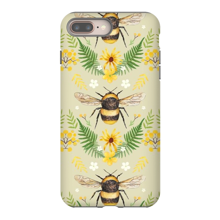 iPhone 8 plus StrongFit Bees and flowers - cottagecore bumble bee pattern - ferns, wild flowers by Oana 