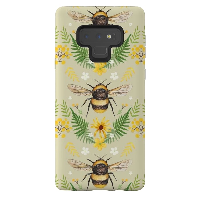 Galaxy Note 9 StrongFit Bees and flowers - cottagecore bumble bee pattern - ferns, wild flowers by Oana 