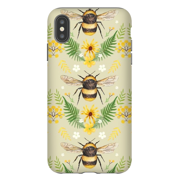 iPhone Xs Max StrongFit Bees and flowers - cottagecore bumble bee pattern - ferns, wild flowers by Oana 