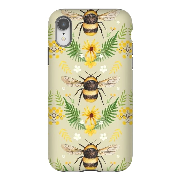 iPhone Xr StrongFit Bees and flowers - cottagecore bumble bee pattern - ferns, wild flowers by Oana 