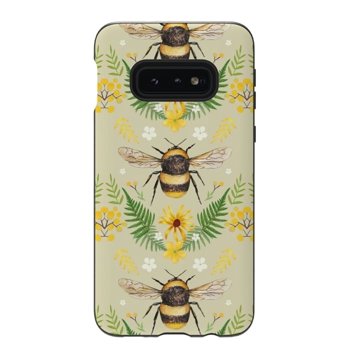 Galaxy S10e StrongFit Bees and flowers - cottagecore bumble bee pattern - ferns, wild flowers by Oana 
