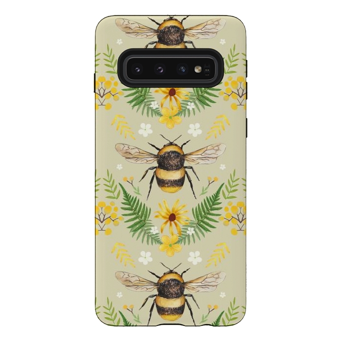 Galaxy S10 StrongFit Bees and flowers - cottagecore bumble bee pattern - ferns, wild flowers by Oana 