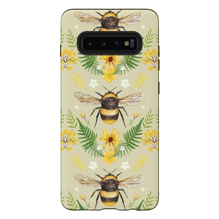 Galaxy S10 plus StrongFit Bees and flowers - cottagecore bumble bee pattern - ferns, wild flowers by Oana 