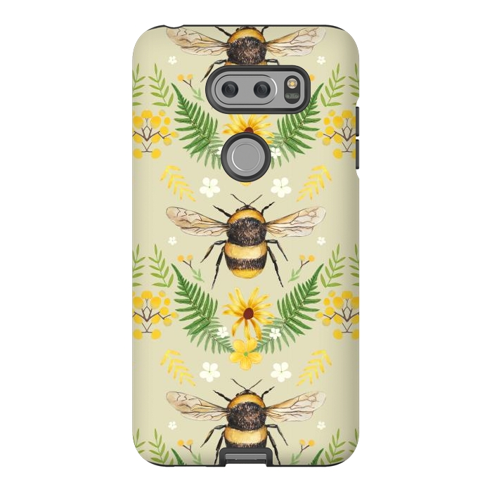 V30 StrongFit Bees and flowers - cottagecore bumble bee pattern - ferns, wild flowers by Oana 