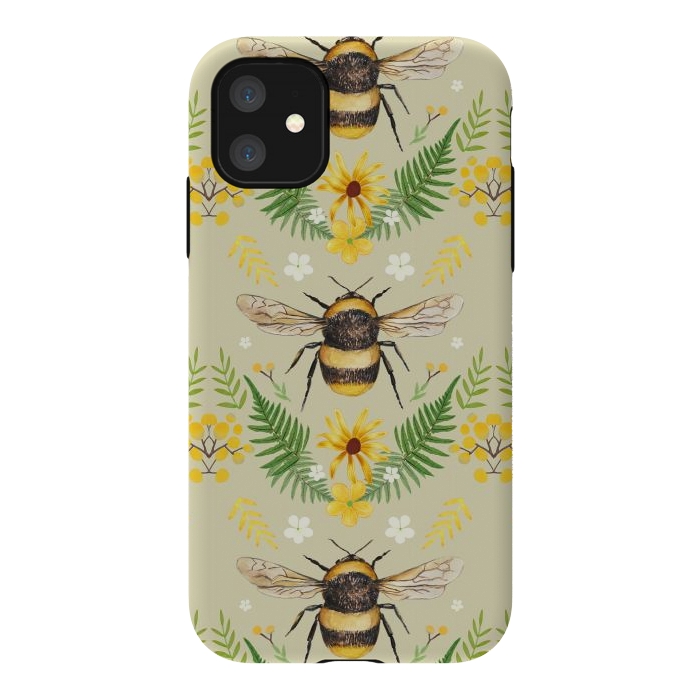 iPhone 11 StrongFit Bees and flowers - cottagecore bumble bee pattern - ferns, wild flowers by Oana 