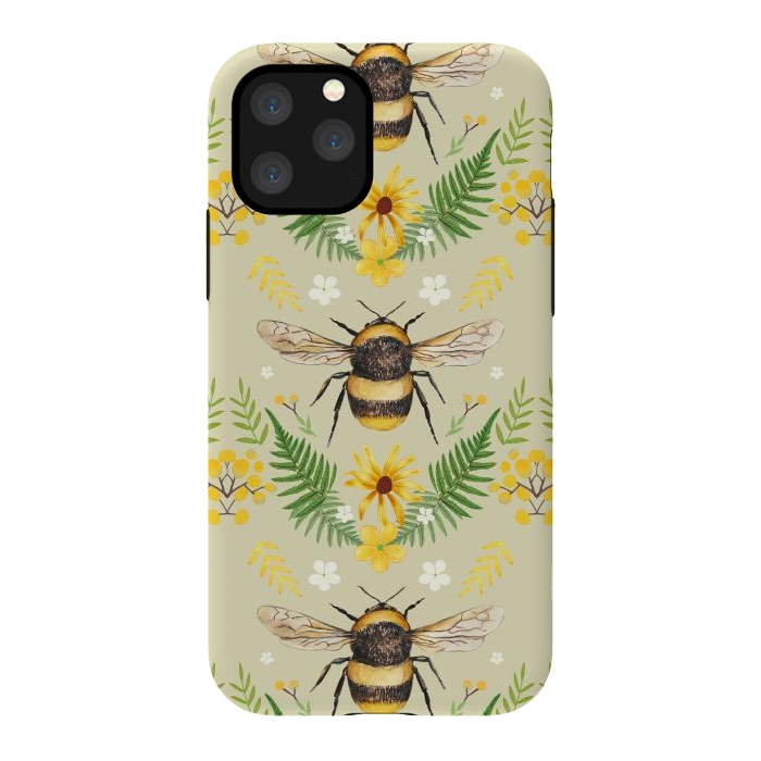 iPhone 11 Pro StrongFit Bees and flowers - cottagecore bumble bee pattern - ferns, wild flowers by Oana 