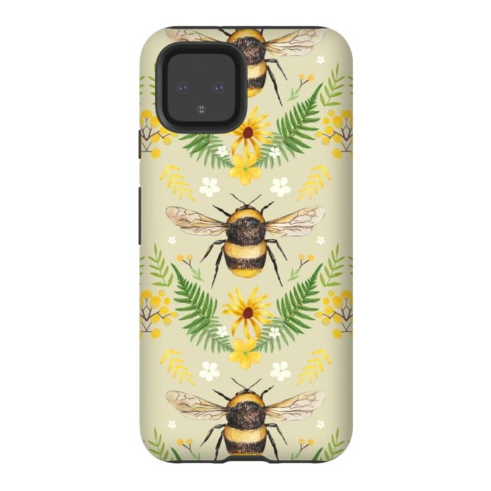 Pixel 4 StrongFit Bees and flowers - cottagecore bumble bee pattern - ferns, wild flowers by Oana 