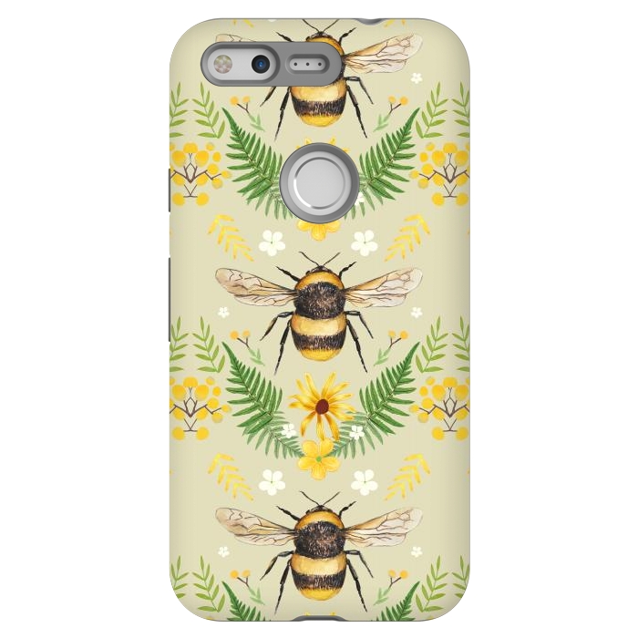 Pixel StrongFit Bees and flowers - cottagecore bumble bee pattern - ferns, wild flowers by Oana 
