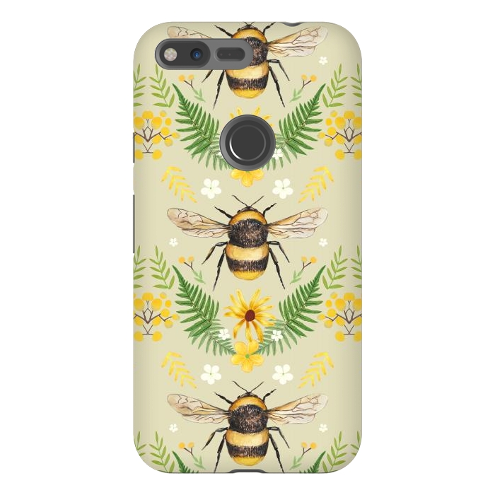 Pixel XL StrongFit Bees and flowers - cottagecore bumble bee pattern - ferns, wild flowers by Oana 