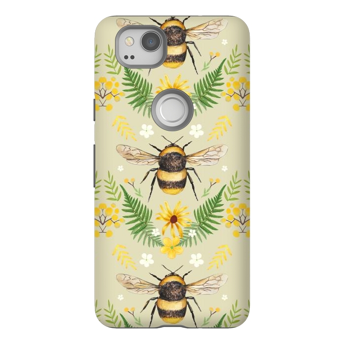 Pixel 2 StrongFit Bees and flowers - cottagecore bumble bee pattern - ferns, wild flowers by Oana 
