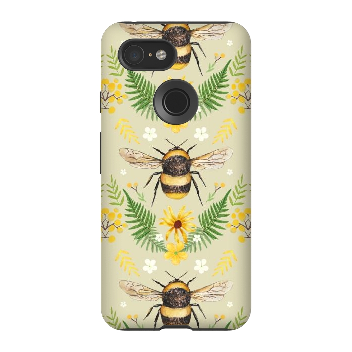 Pixel 3 StrongFit Bees and flowers - cottagecore bumble bee pattern - ferns, wild flowers by Oana 