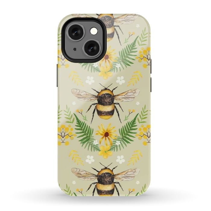 iPhone 12 mini StrongFit Bees and flowers - cottagecore bumble bee pattern - ferns, wild flowers by Oana 