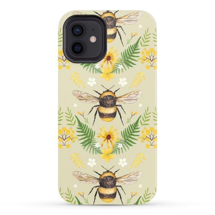 iPhone 12 StrongFit Bees and flowers - cottagecore bumble bee pattern - ferns, wild flowers by Oana 