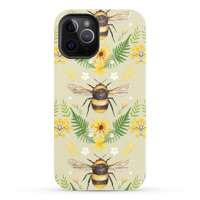 iPhone 12 Pro StrongFit Bees and flowers - cottagecore bumble bee pattern - ferns, wild flowers by Oana 