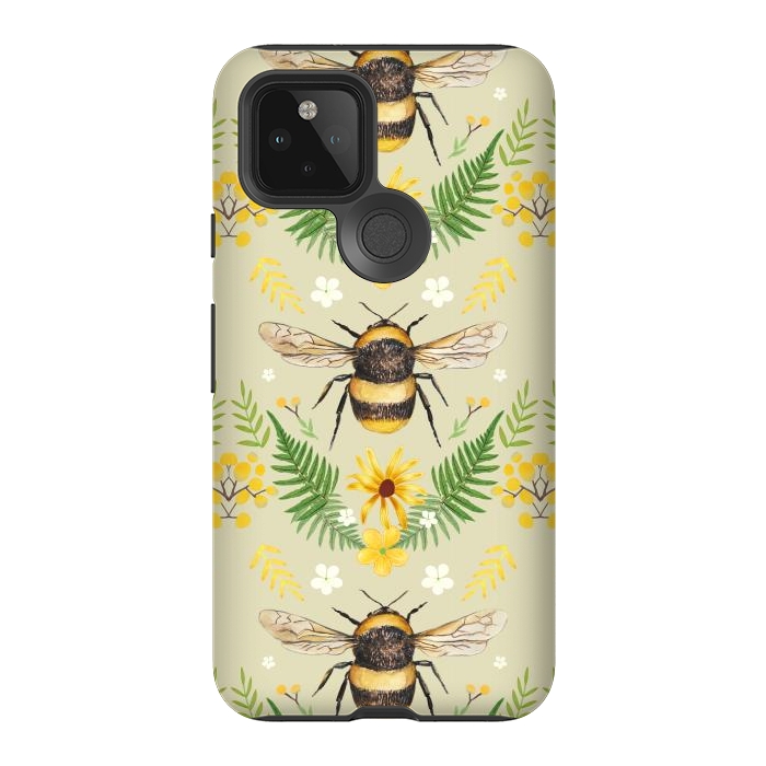 Pixel 5 StrongFit Bees and flowers - cottagecore bumble bee pattern - ferns, wild flowers by Oana 