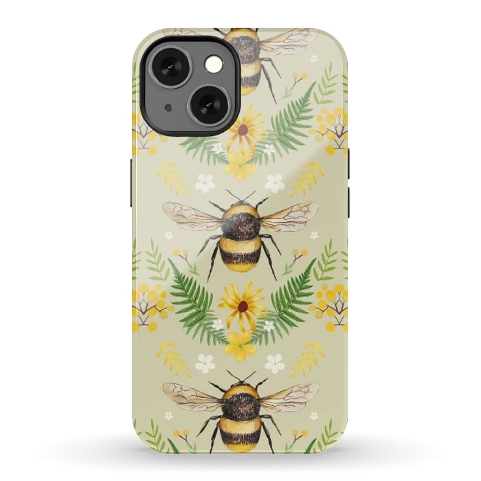iPhone 13 StrongFit Bees and flowers - cottagecore bumble bee pattern - ferns, wild flowers by Oana 