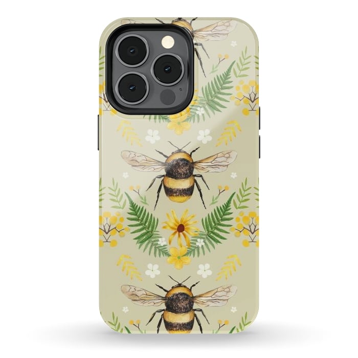 iPhone 13 pro StrongFit Bees and flowers - cottagecore bumble bee pattern - ferns, wild flowers by Oana 