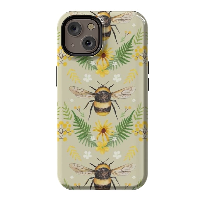 iPhone 14 StrongFit Bees and flowers - cottagecore bumble bee pattern - ferns, wild flowers by Oana 